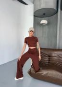 Osy Modal Yumuşak Dokulu Kumaş Kısa Kollu Crop Rahat Pantalon Ikili Takım - Kahverengi resmi